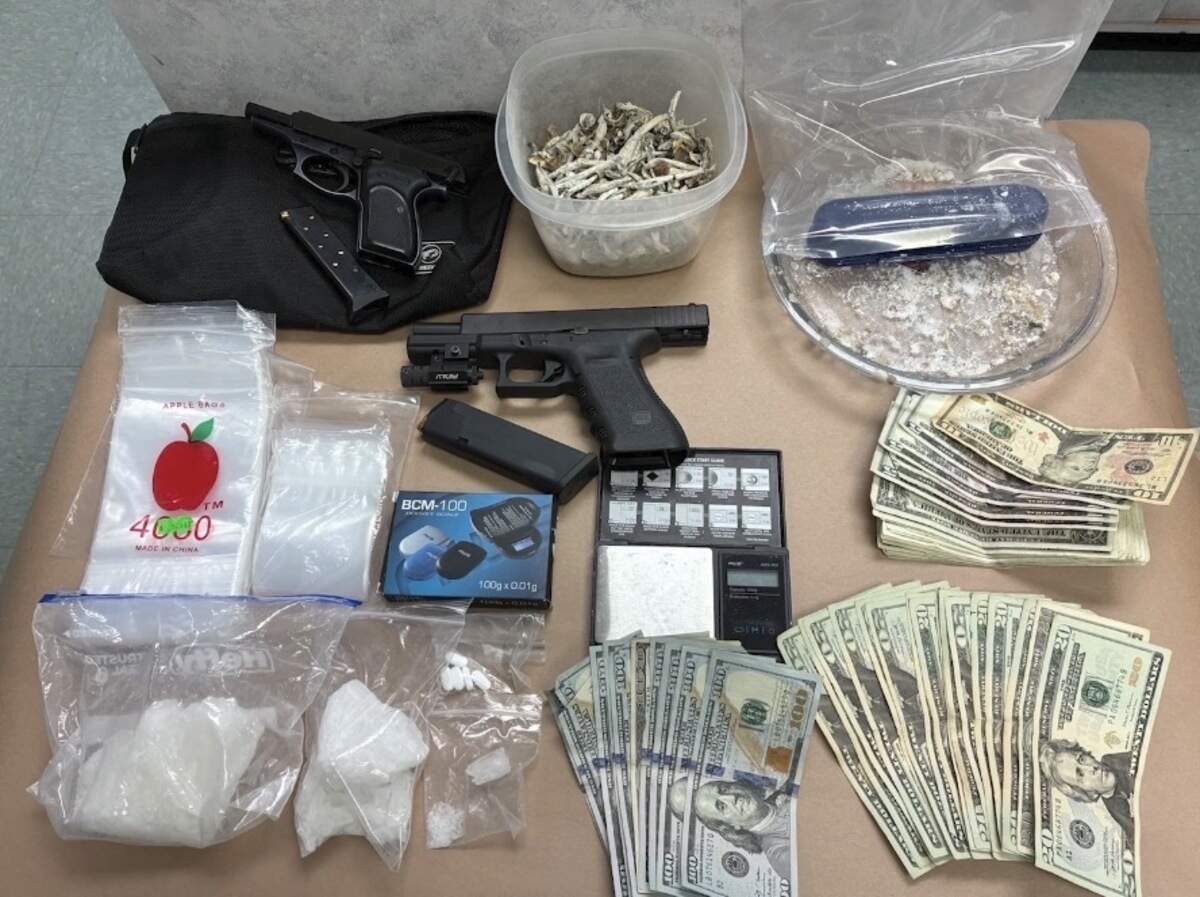 Evidence released by the Tuolumne County Sheriff’s Office shows methamphetamine, firearms, cash, digital scales and packaging materials allegedly seized during a months-long narcotics investigation that led to the arrest of a Columbia-area man on June 23.