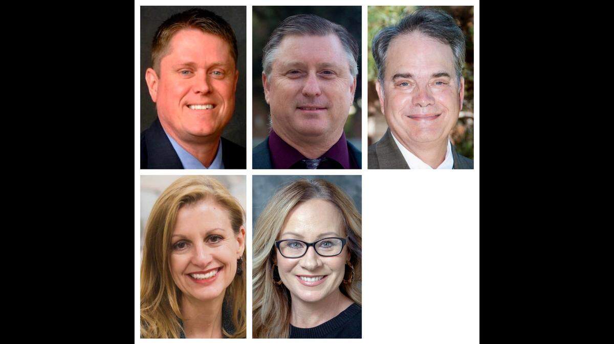Among the candidates running for the Yosemite Community College District are, from top left, Milton Richards and Bryan Rogers in Area 3, Darin Gharat in Area 5 and Leslie Beggs and Lindsey Bird in Area 6.