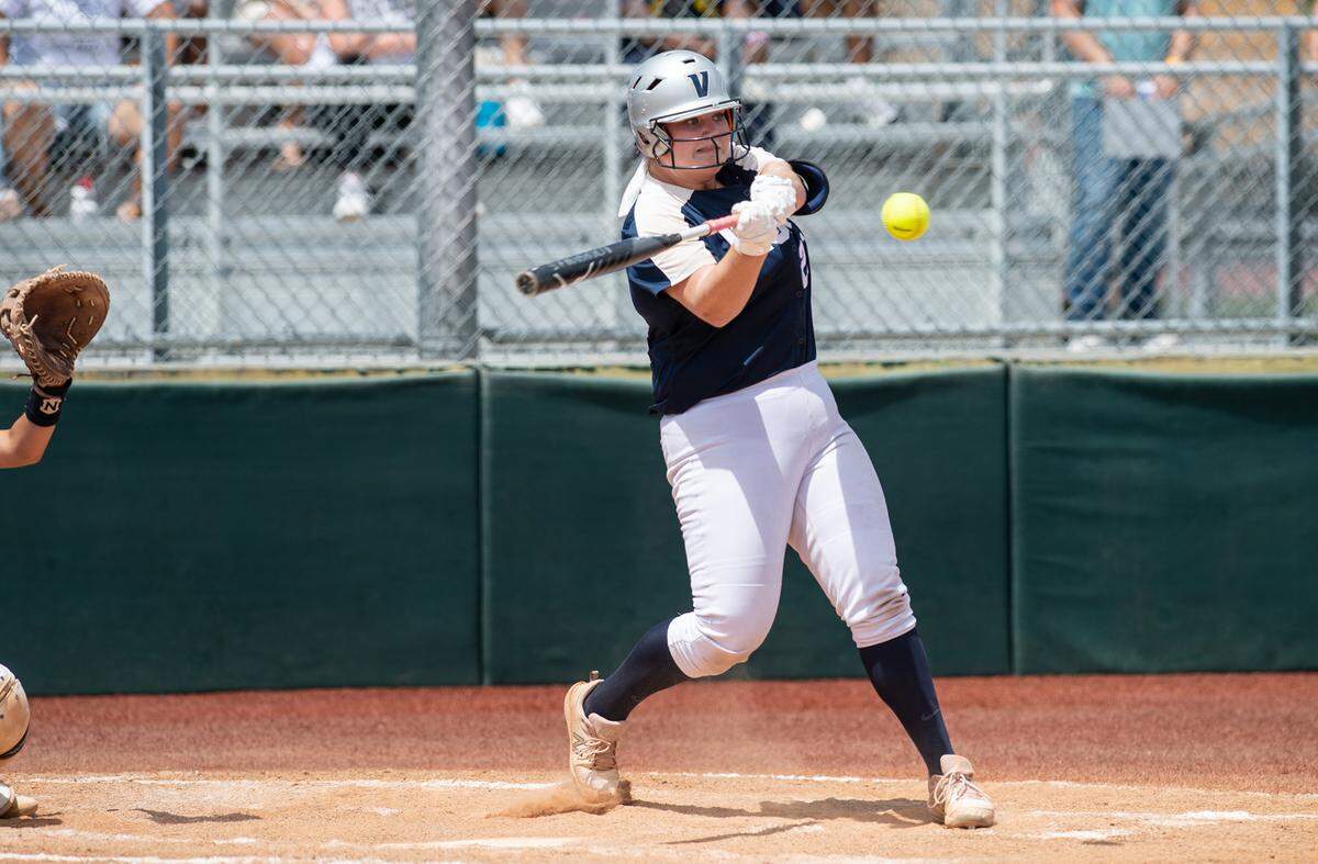Vista del Lago’s Morgan Sweet connects for a three-run home run during the CIF Sac-Joaquin Section Division III softball championship game with Central Catholic at Delta College in Stockton, Calif., on Saturday, May 28, 2022. Vista won the section title 7-5.