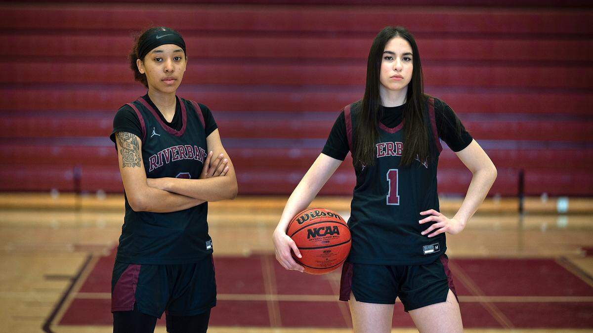 Riverbank’s Taylor Macias, left, and Livi Fernandez, right, are the The Modesto Bee’s Girls Basketball Co-Players of the Year. Photographed in Riverbank, Calif., Thursday, March 30, 2023.