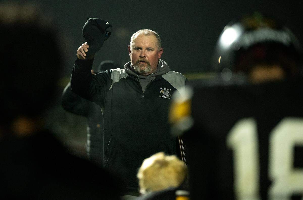 Hughson’s coach Shaun King tips his hat to his players after a 42-14 loss to St. Vincent in the CIF Northern California Division 4-AA Bowl Game in Hughson, Friday, Dec. 6, 2024.