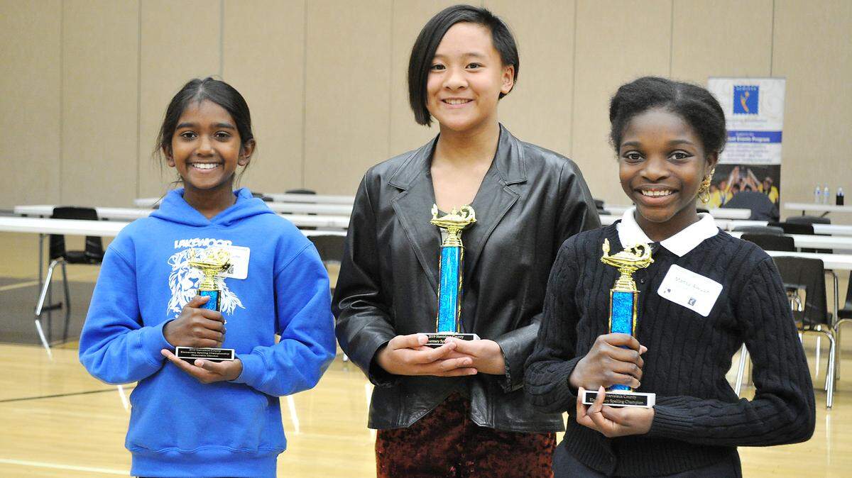 Luna Salvador, middle, and Mansa Awuah, right, won the elementary school spelling bee for Stanislaus County on Wednesday, Oct. 30, 2019, and will go to the state bee. Deetya Thogarucheeti, left, is the alternate.