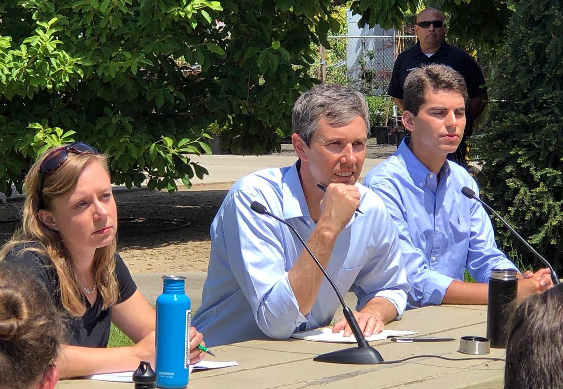 Democratic candidate for President Beto O’Rourke (center) listens during a round table discussion Monday afternoon April 29, 2019 during a visit to Modesto Junior College in Modesto, Calif.