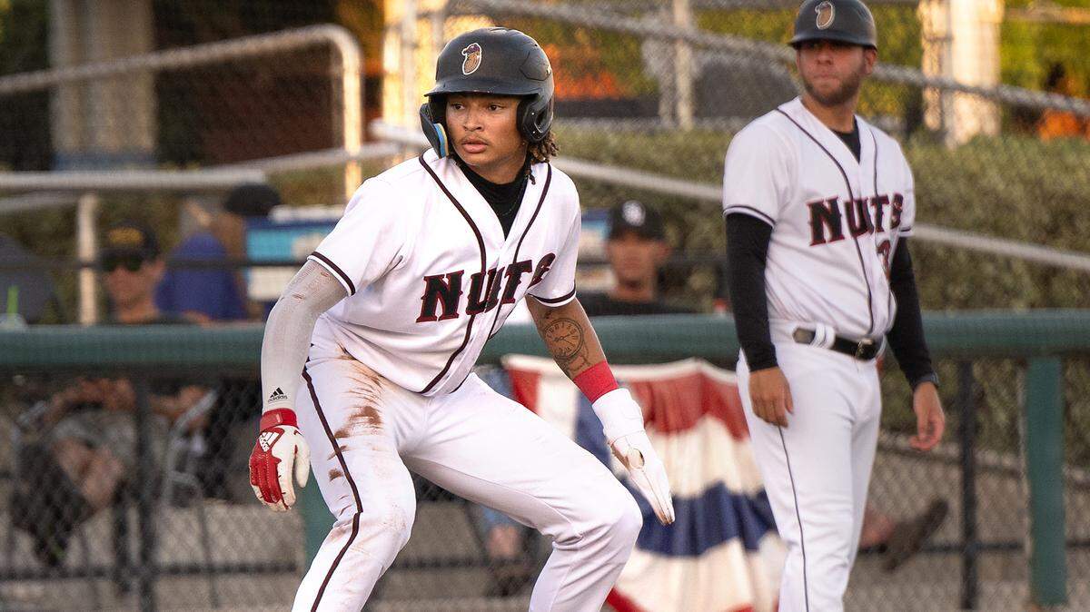 Modesto’s Tai Peete leads off third base during the game with Fresno at John Thurman Field, in Modesto, Calif., Wednesday, July 3, 2024. Modesto won the game 6-3.