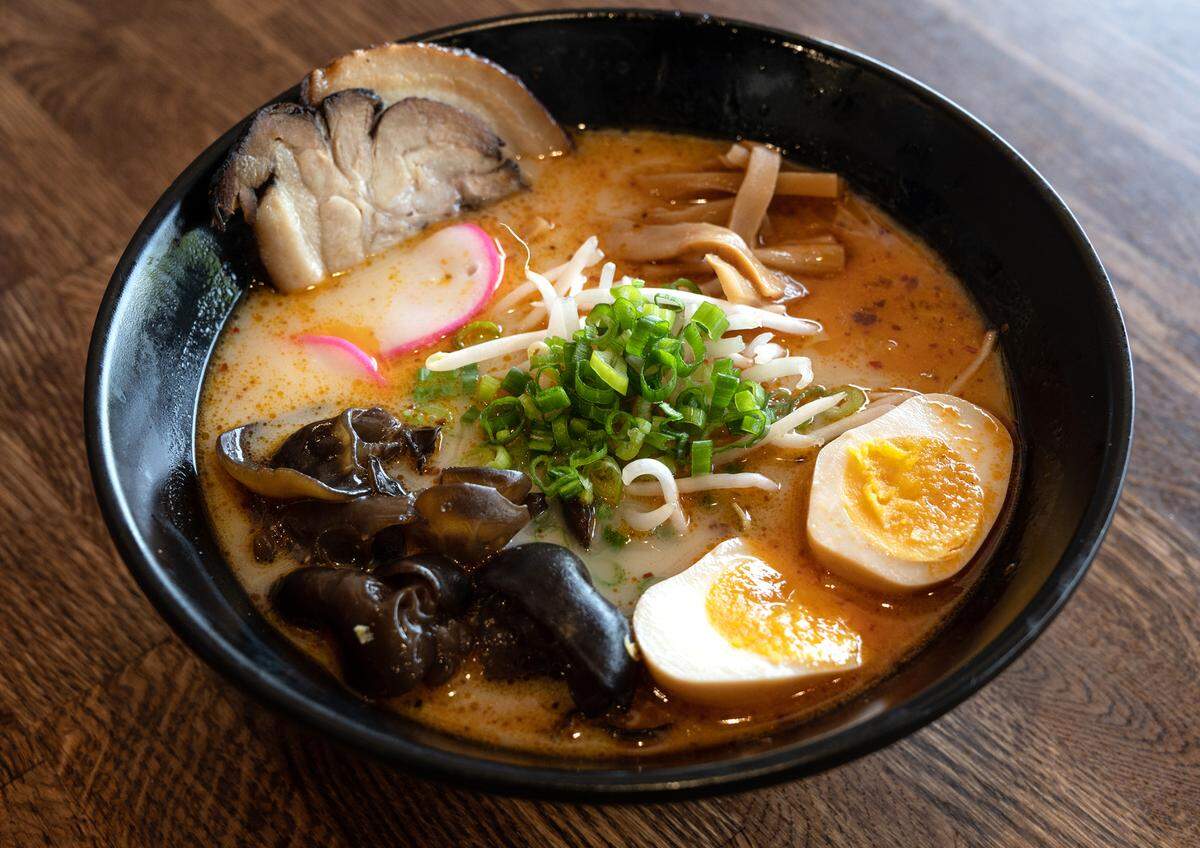 Tonkotsu ramen (roast pork, boiled egg, kikurage mushroom, bamboo shoots, fish cake, green onion and bean sprouts) at Ramen 101 on McHenry Avenue in Modesto, Calif., on Thursday, June 17, 2021.