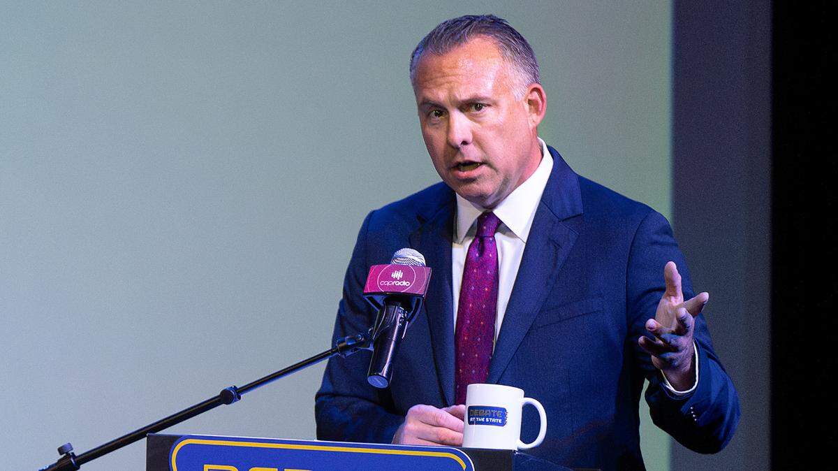 Candidate Adam Gray addresses a question during a U.S. Congressional District 13 debate at the State Theatre in Modesto, Friday, Oct. 25, 2024. 