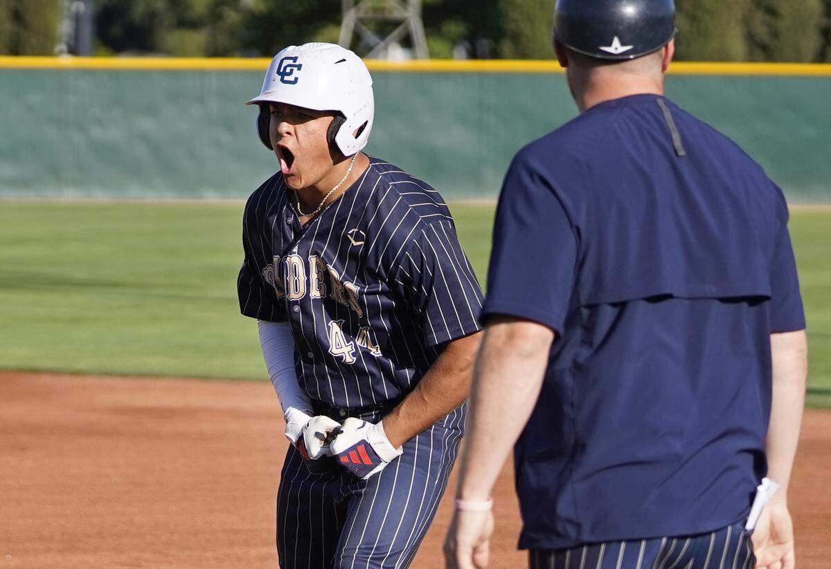 Central Catholic’s Broden Thomas celebrates a leadoff single in the first inning during the Sac-Joaquin Section D-III championship game with Yuba City at Sacramento City College on Wednesday, May 21, 2025.
