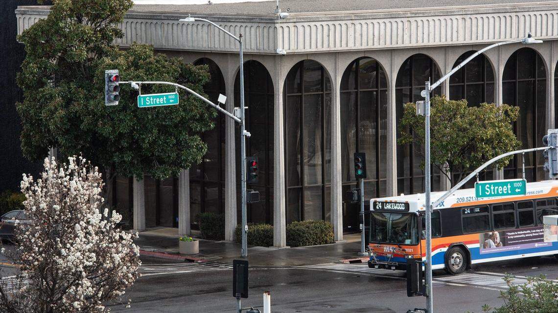 The former World Savings and Wachovia bank building on I Street in downtown Modesto, Calif., is pictured March 10, 2021.