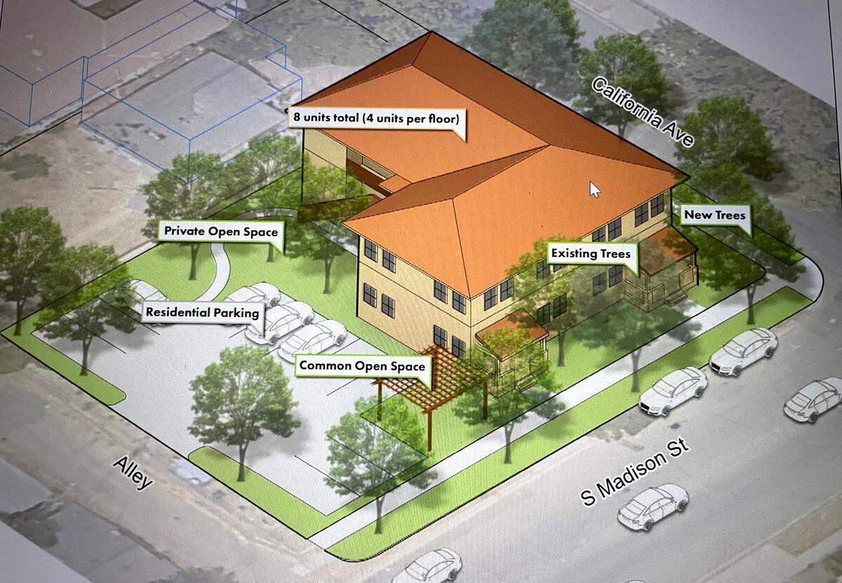 A draft plan for southwest Modesto, California, suggests eight housing units in a two-story building on a vacant lot at Madison Street and California Avenue. A City Council committee endorsed the plan on Aug. 5, 2024.