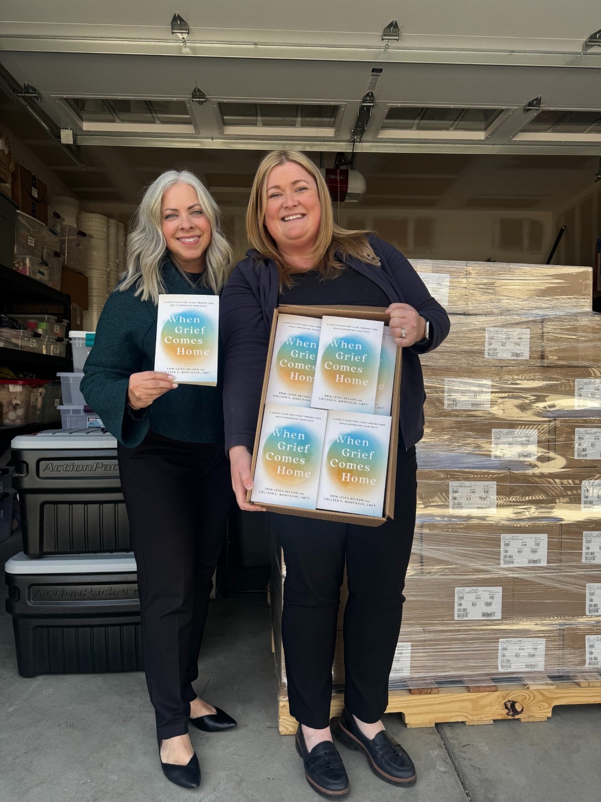 Authors Erin Nelson and Colleen E. Montague with their book, When Grief Comes Home published in February 2025.