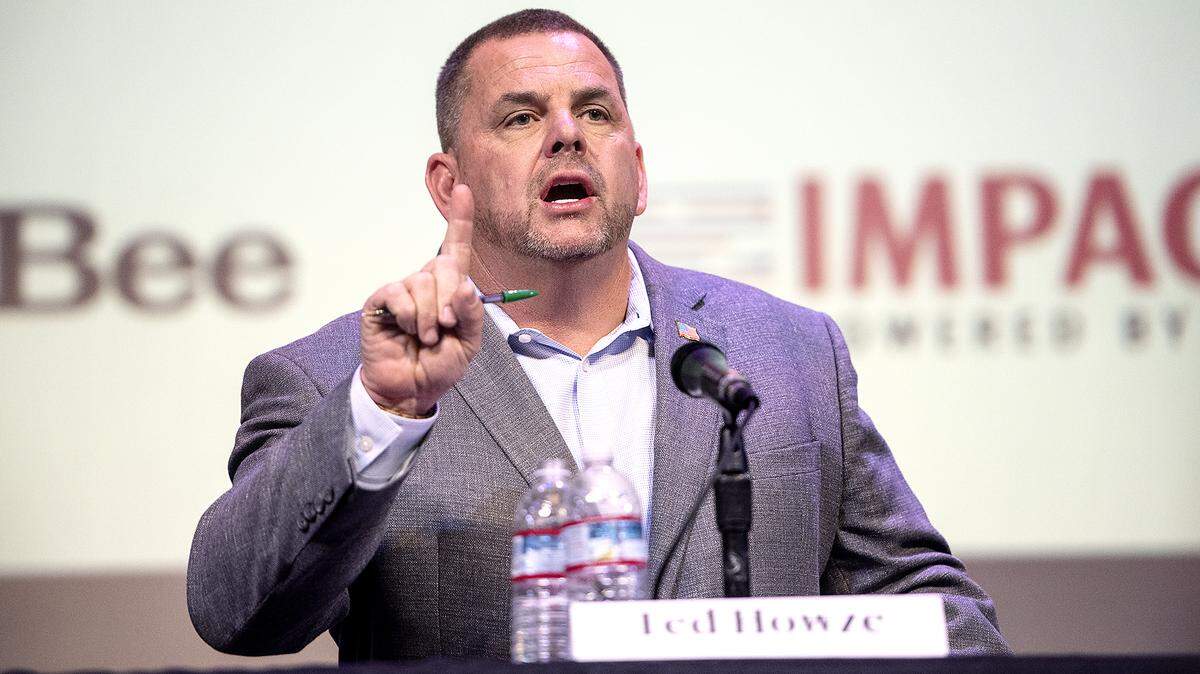 Republican challenger Ted Howze responds to a question during the 10th Congressional District ‘Debate at The State’ at the State Theatre in Modesto, Calif., on Wednesday, Jan. 22, 2020.