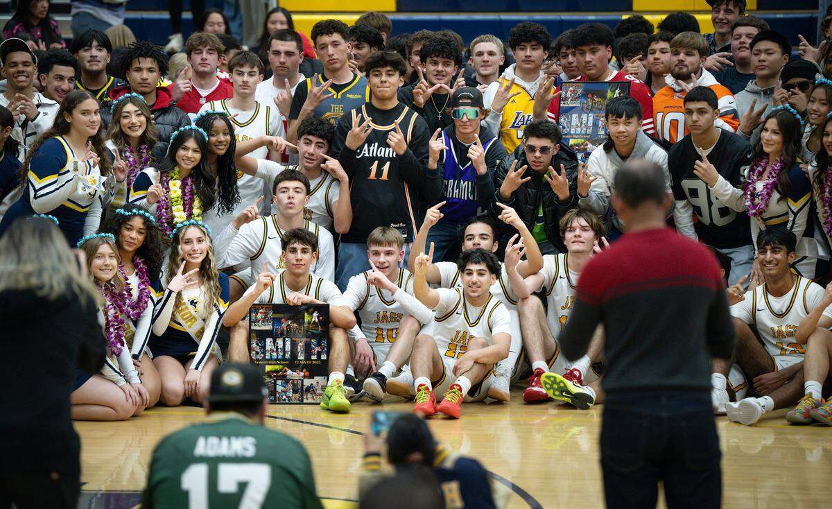 Gregori players and students celebrate the victory over Pitman in the Central California Athletic League game at Gregori High School in Modesto, Wednesday, Feb. 12, 2025.