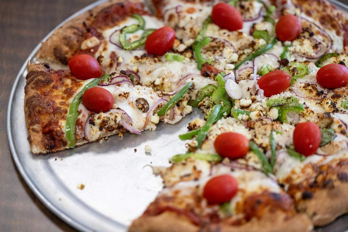 Greek pizza at Pizza Factory in Turlock, Calif., Tuesday, Oct. 17, 2023.