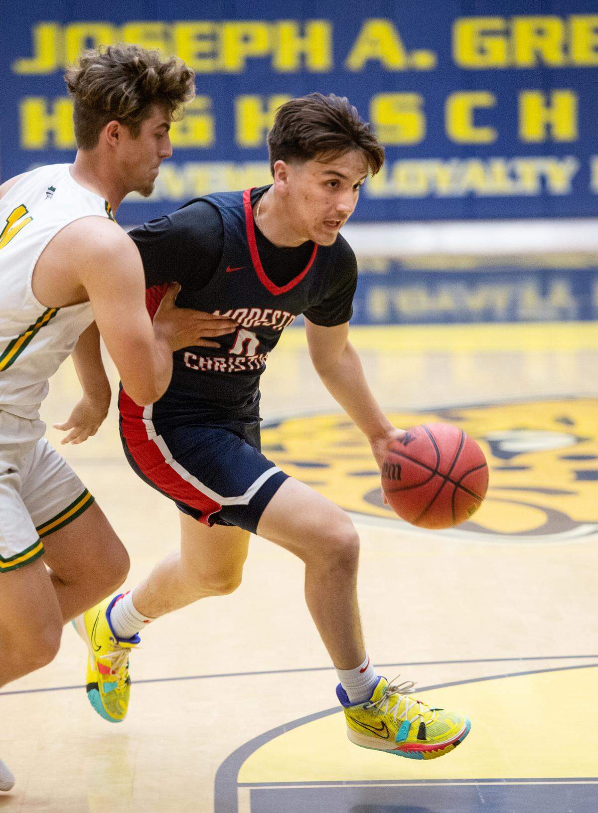 Modesto Christian guard Alex Argandar drives to the basket during the Six-County Senior All-Star Basketball Game at Gregori High School in Salida, Friday, May 6, 2022.
