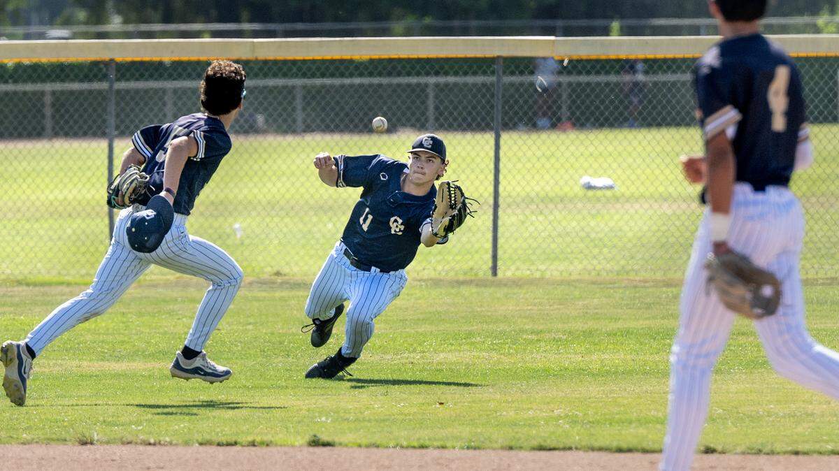 Central Catholic outfielder Caine Walker tracks down a fly ball for an out during the Sac-Joaquin Section Division 3 playoff game with Bear Creek at Central Catholic High School in Modesto on Wednesday, May 7, 2025. Central won the game 10-6.