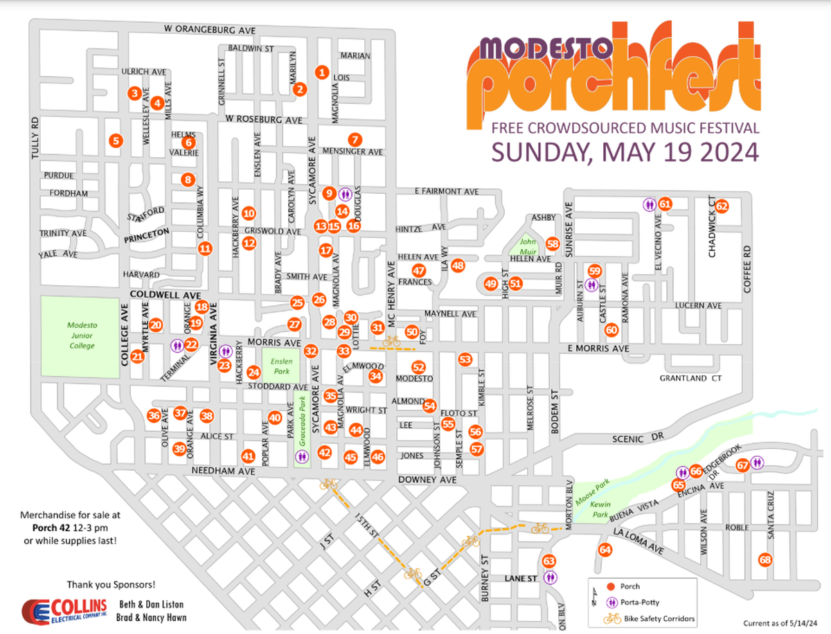Map for Modesto Porchfest 2024. The event is on Sunday, May 19.
