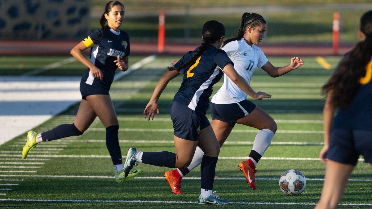 Downey’s Alianna Sanchez controls the ball during the Central California Athletic League game with Gregori at Gregori High School in Modesto, Thursday, Jan. 9, 2024.