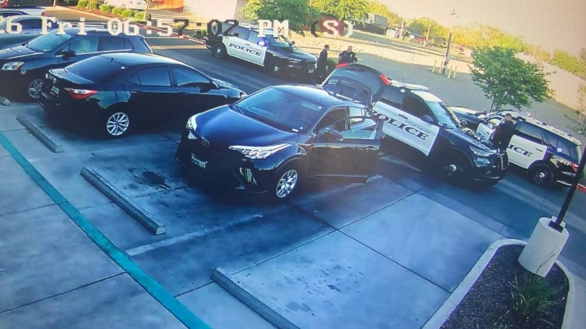 Officers with the Turlock Police Department conduct a traffic stop for a vehicle code violation on Friday, April 3, 2026 in downtown Turlock, CA. The driver of the vehicle was Carlos Ivan Mendoza Hernandez. He was shot by Immigration and Customs Enforcement Officers four days later in Patterson, CA