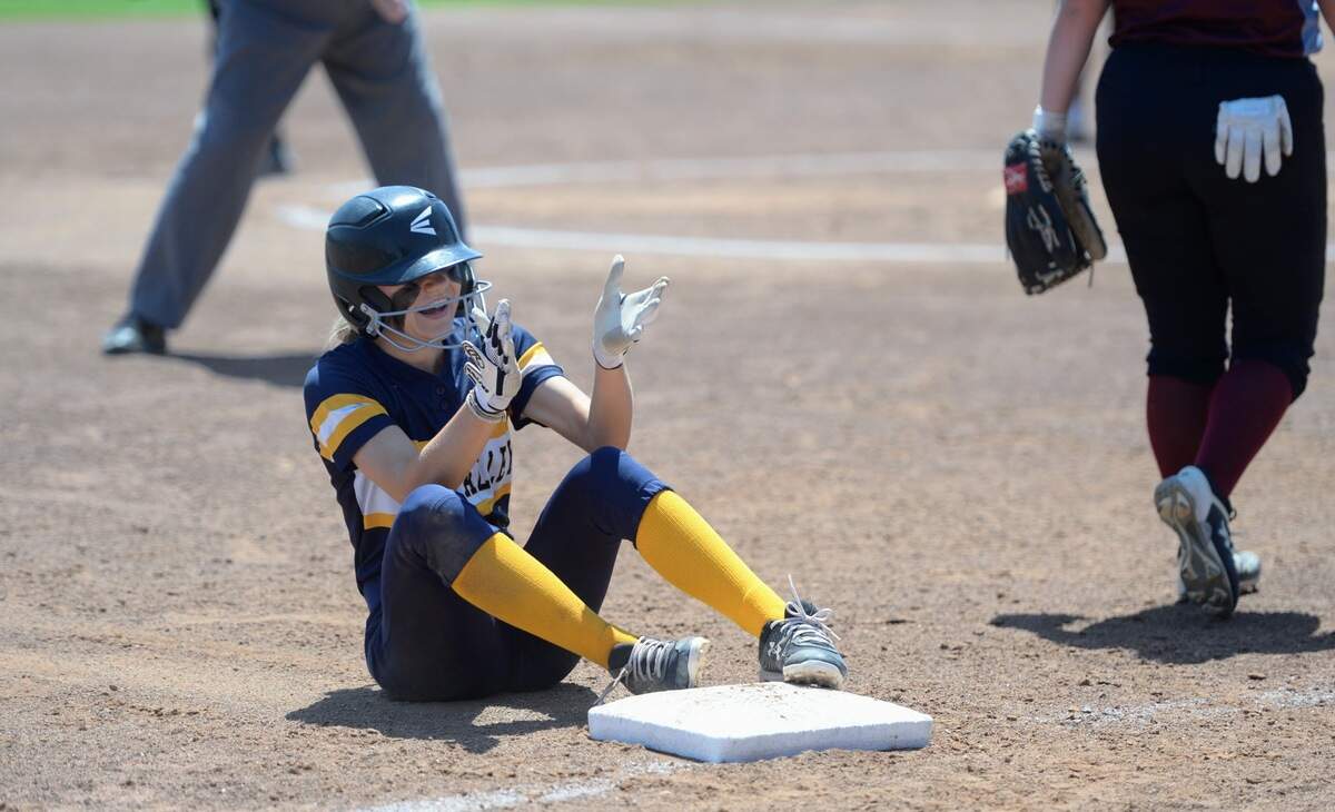 Big Valley Christian’s Breese Johnson celebrates a triple during the Sac-Joaquin Section Division VII championship against No. 3 Buckingham Charter at Cosumnes River College on Saturday, May 18, 2024.
