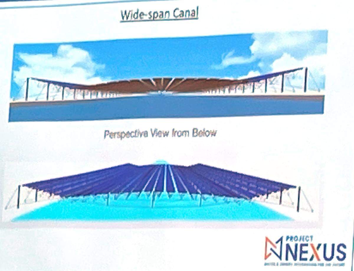 A sketch shows a possible design for the solar panels that will be installed over a small part of the Turlock Irrigation District canal system. Its board approved the pilot project Feb. 8, 2022.