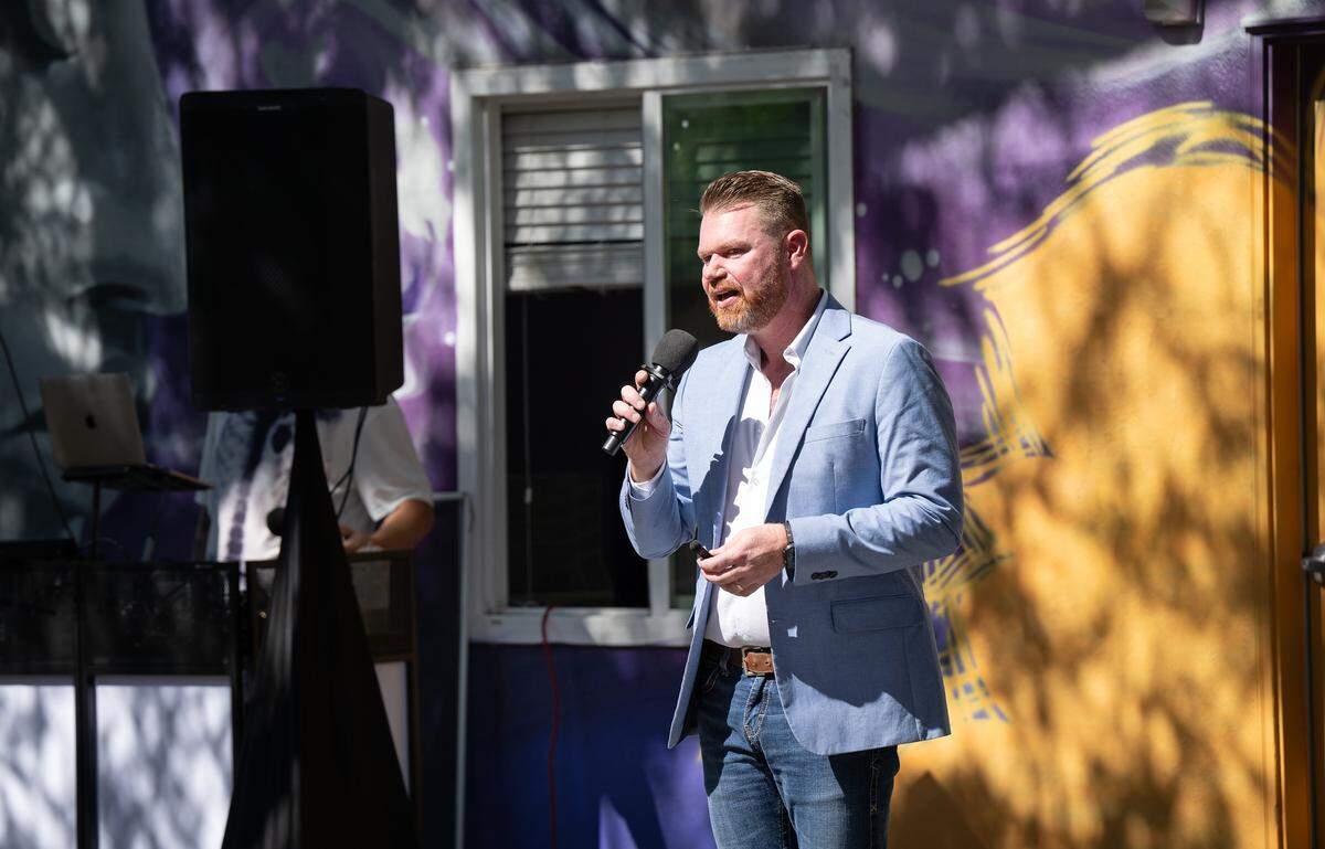 Executive Director Roman Scanlon speaks during a grand opening ceremony at the new CalPride resource center in Modesto, Friday, August 1, 2025.