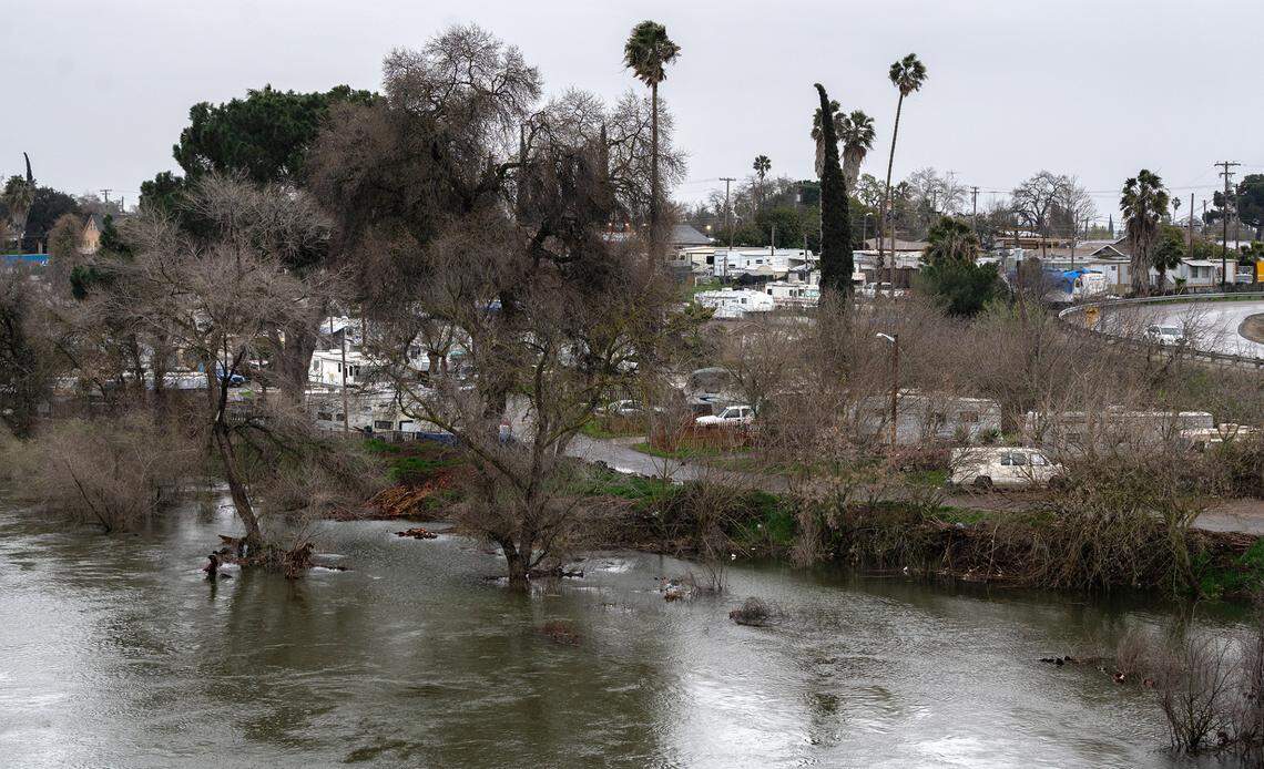 The Driftwood Mobile Home Park on the Tuolumne River in Modesto, Calif., Thursday, March 9, 2023. Trailer parks along Tuolumne River in Modesto were issued an evacuation warning from the Stanislaus County Office of Emergency Services, Thursday.