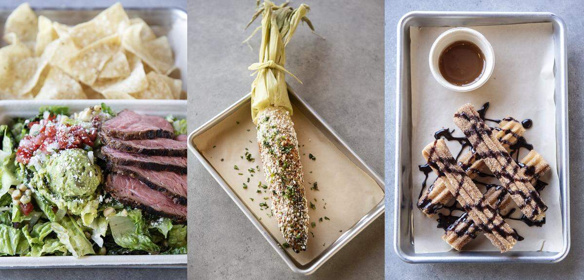 Tri-tip salad, Mexican street corn, and churros at the new Tipping Point eatery at Save Mart in Modesto, Calif., Tuesday, Oct. 1, 2019.