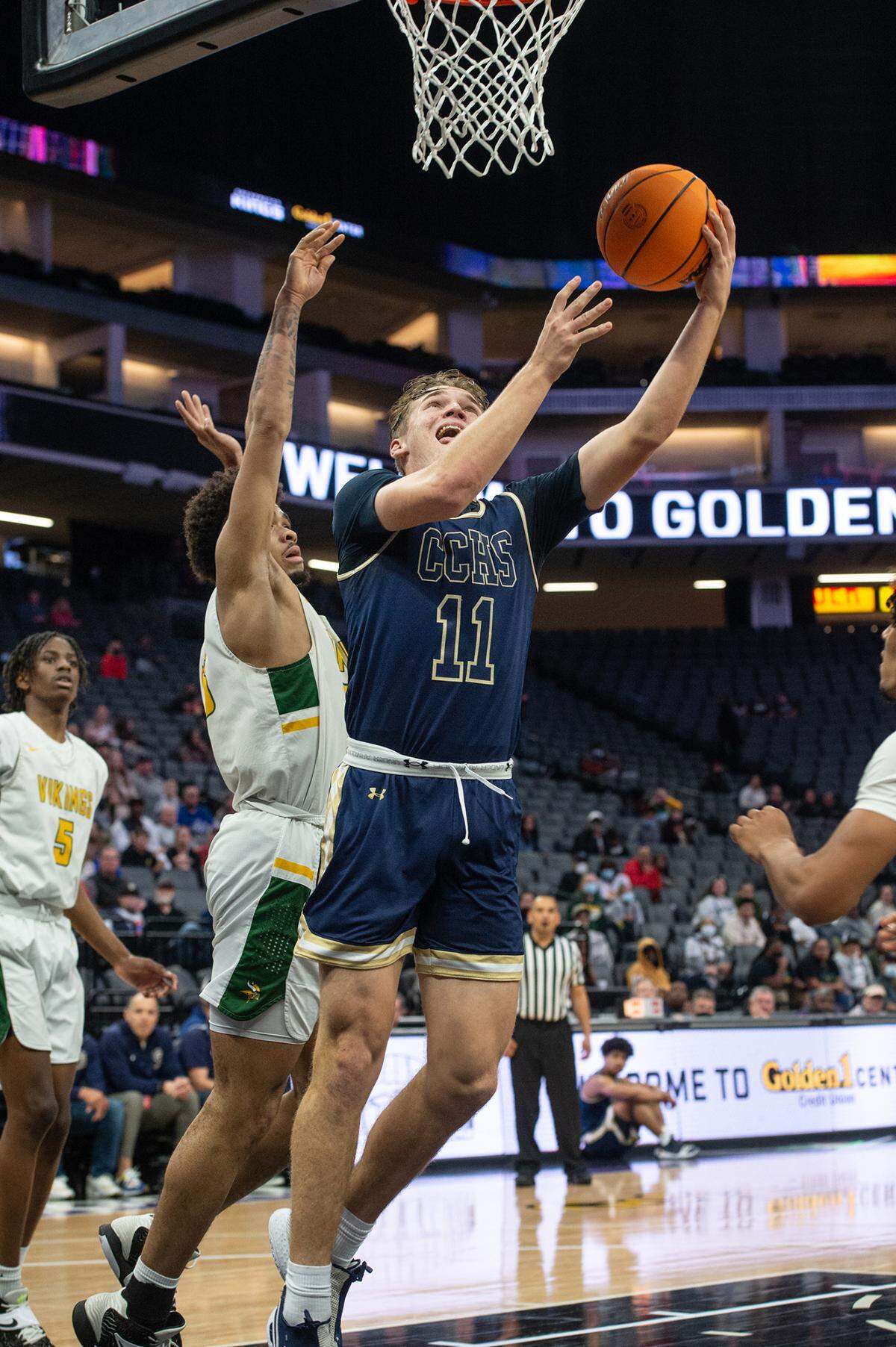 Central Catholic’s Tyler Wentworth shoot near the hoop in the boys Sac-Joaquin Section Division 3 final with Vanden at the Golden 1 Center in Sacramento, Calif., on Saturday, Feb. 26, 2022.