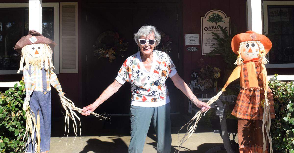 Bertha Riggs, 101, outside of Oakdale Cheese & Specialties in Oakdale, Calif., Friday, Oct. 4, 2024.