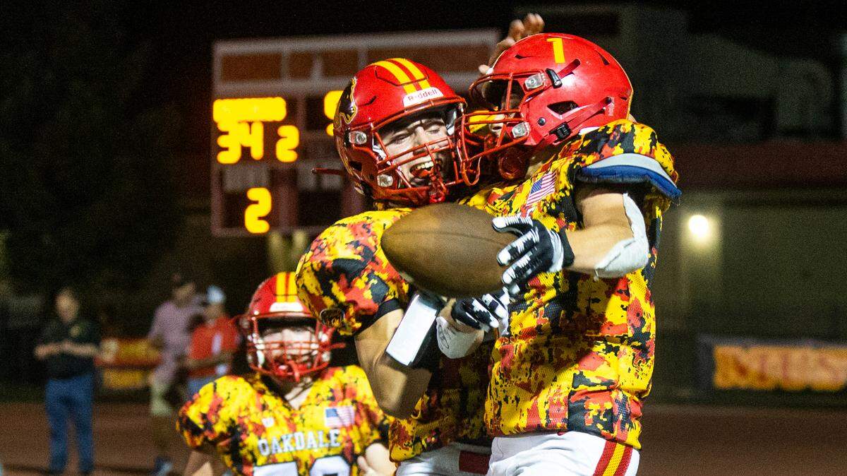 Gabe McDonald, 1, celebrates after scoring a touchdown. Oakdale High took on Balboa Sept. 09, 2022 .