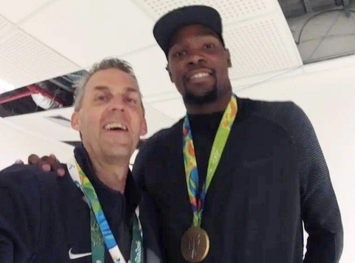 Jeff Kolkmann with basketball gold medal winner Kevin Durant at the 2016 summer Olympics in Rio De Janeiro, Brazil.