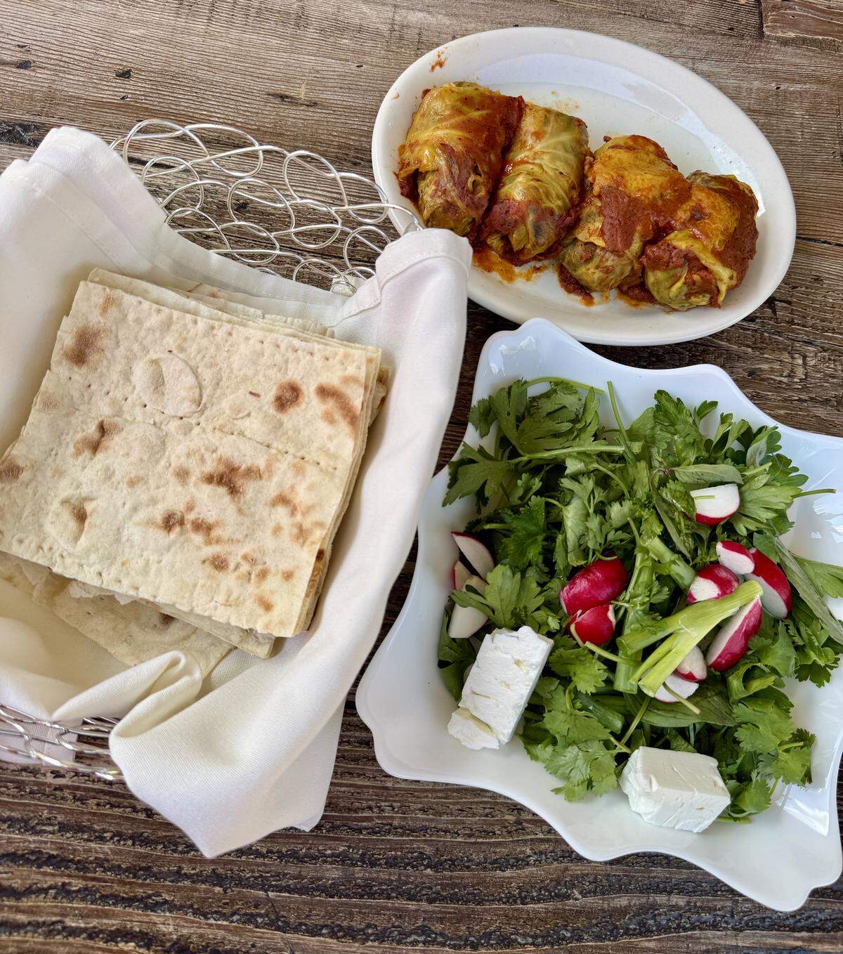 Lavash bread, sabzi and cabbage dolma from Kabob Place Mediterranean Grill in Turlock