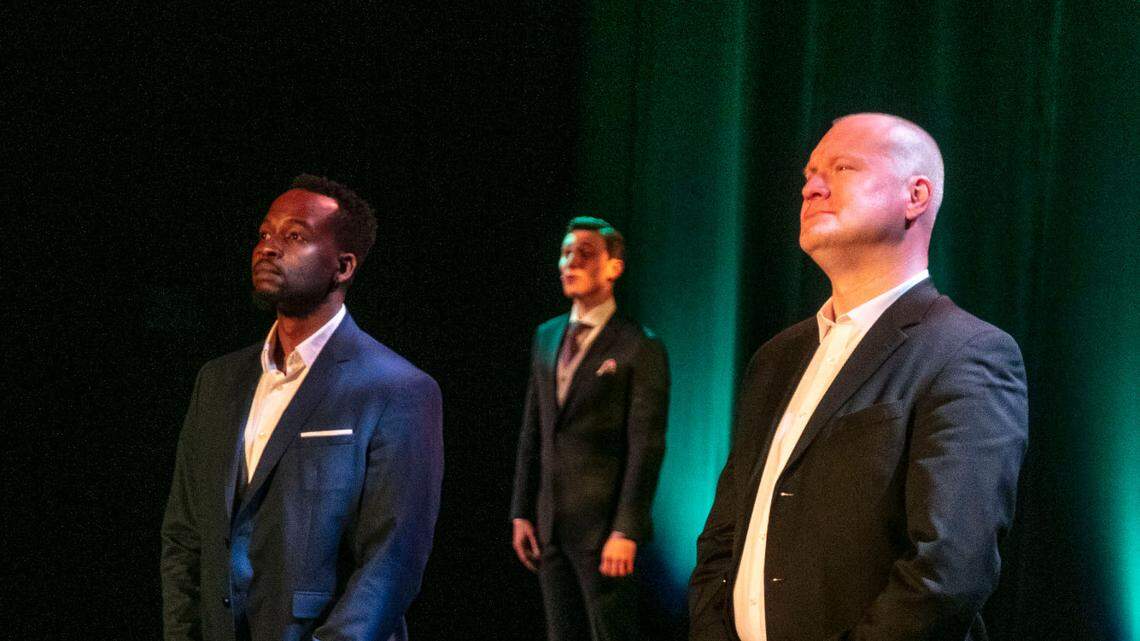 From left, Babatunde Akinboboye, Logan Tanner and Hughson native Nathan Stark tape “High, Low & Hip Hopera!” at the Gallo Center on Sunday, March 7.