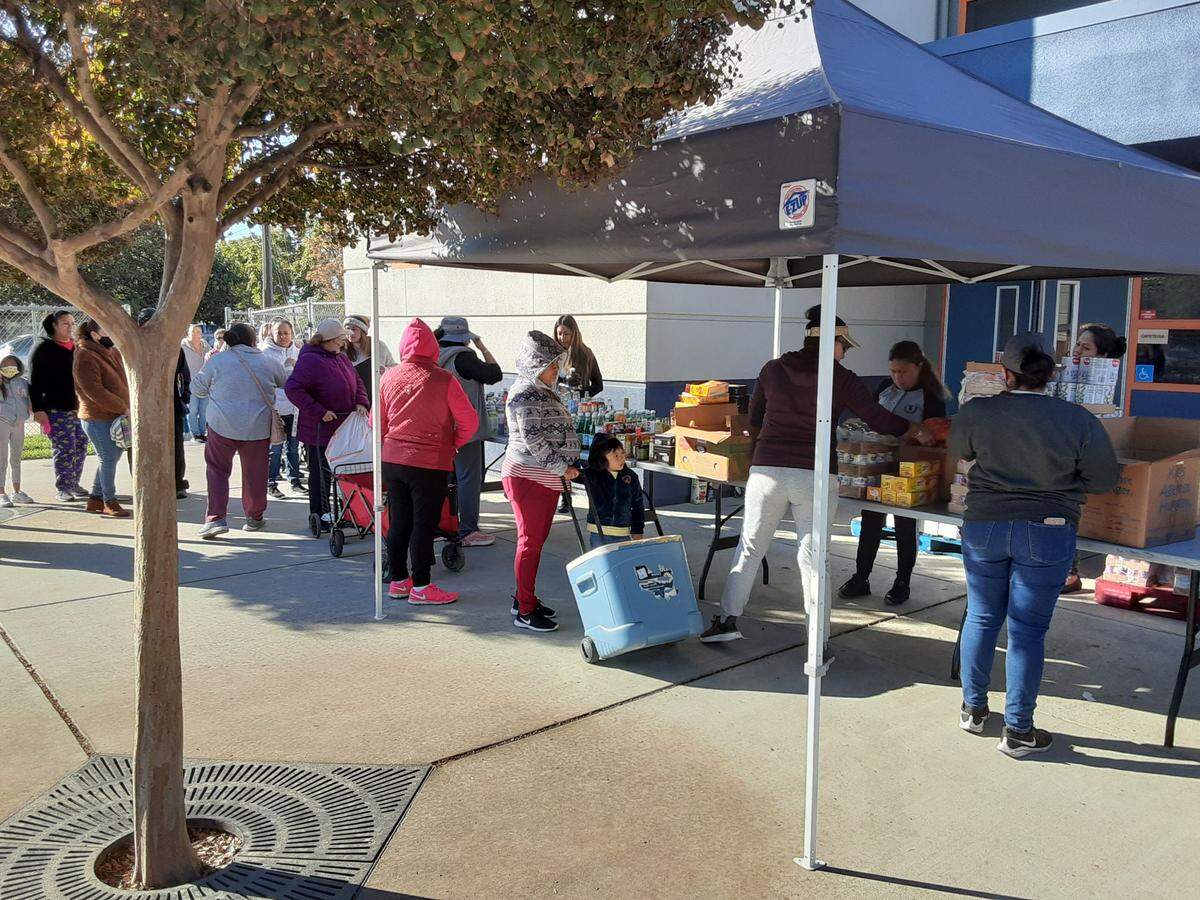 Families line up at Bret Harte Elementary School in south Modesto on Thursday, Nov. 10, 2022, for the Second Harvest food bank’s Fresh Food 4 Kids program.