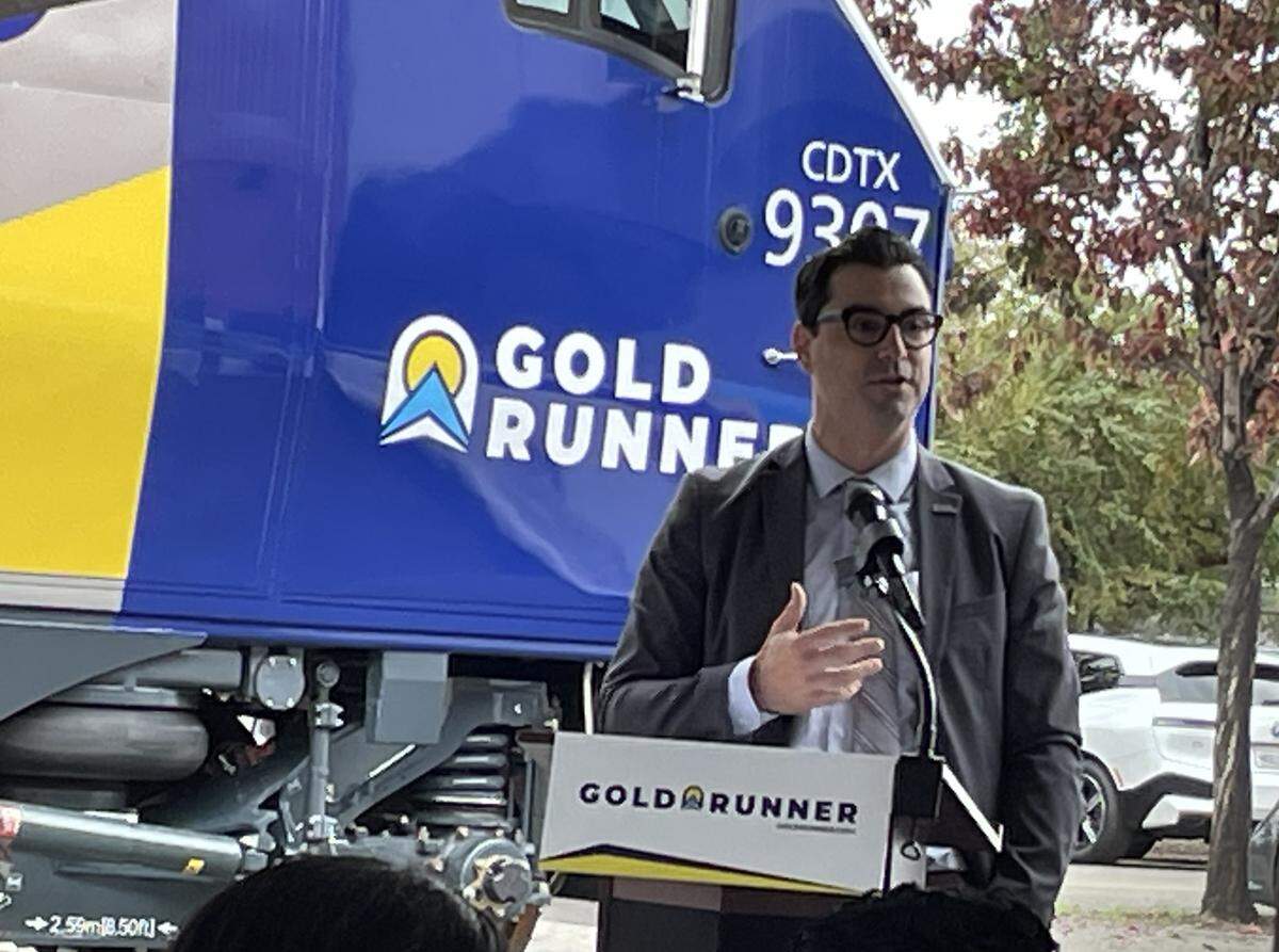 David Lipari, interim executive director of the San Joaquin Regional Rail Commission, speaks about the rebranding of the Amtrak San Joaquins to Gold Runner. The event was in Stockton, Calif., on Nov. 14, 2025.