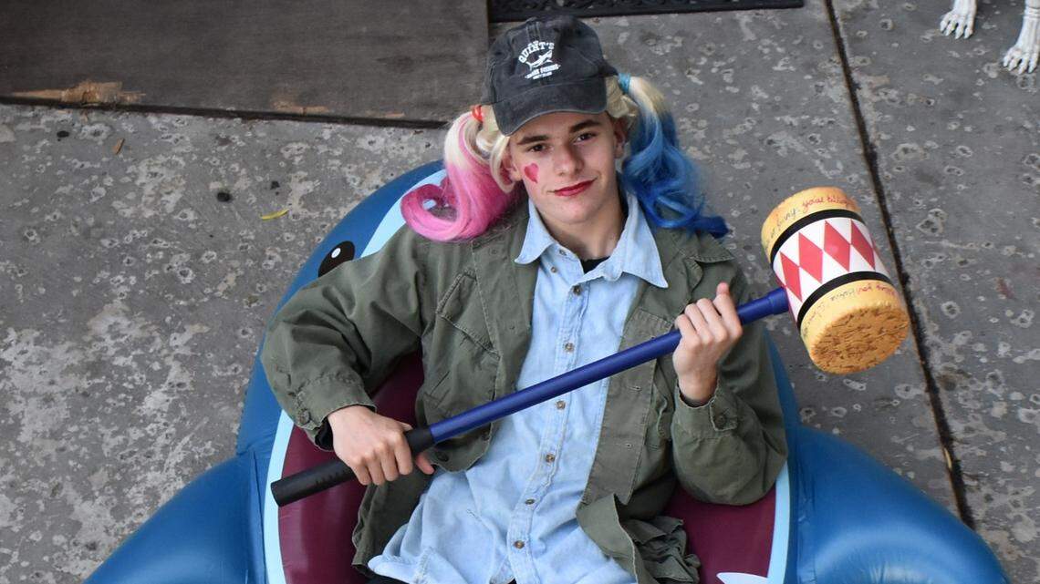 Carson Farrow models the Halloween costume Harley Quint, a mashup of DC comics character Harley Quinn and “Jaws” shark hunter Quint.