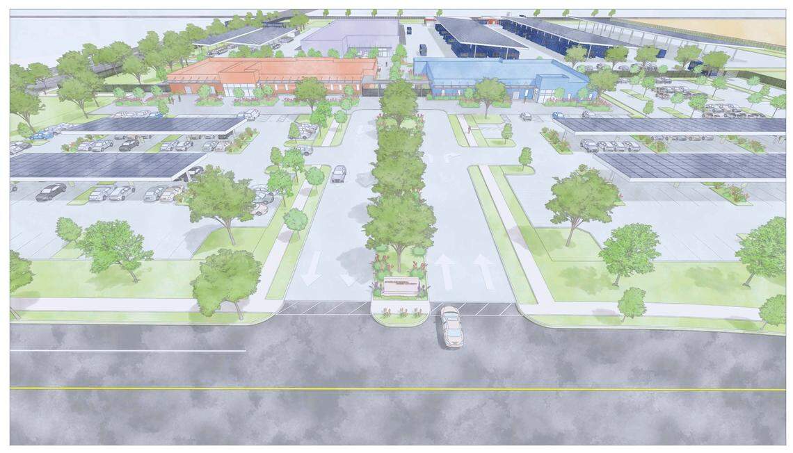 A rendering shows the planned headquarters of the Stanislaus Regional Transit Authority. Its board voted to purchase the land at Crows Landing and Service roads on Sept. 25, 2025.