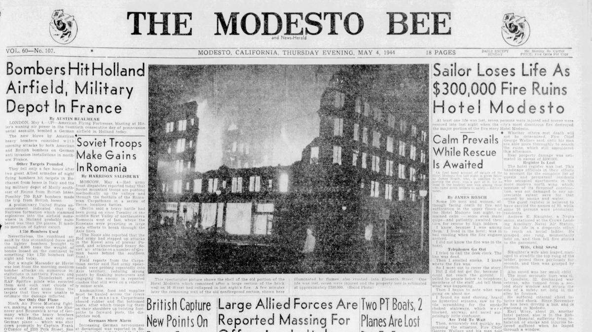 Front page of The Modesto Bee May 4, 1944, reporting the fire at Hotel Modesto.