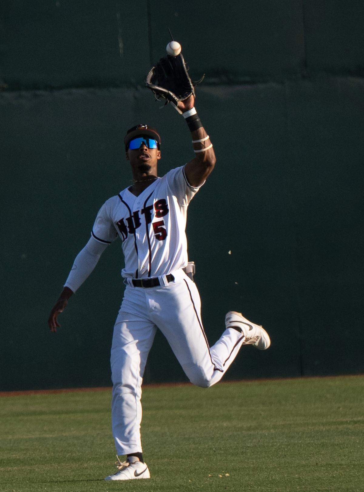 Modesto Nuts centerfielder Curtis Washington Jr. tracks down a fly ball during the game with Rancho Cucamonga at John Thurman Field in Modesto, Friday, May 30, 2025.