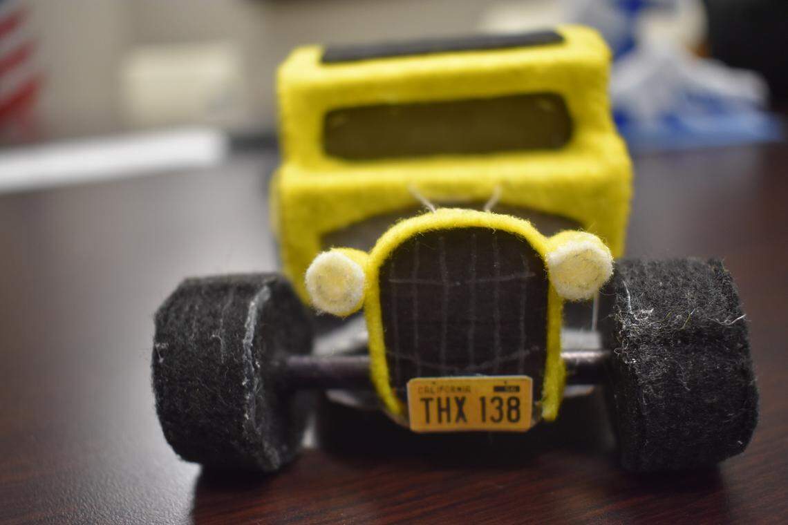 This hot rod from George Lucas’ ”American Graffiti” is among the Wonky Felt creations by Sara Lytle-Pinhey, a Stanislaus County employee who works in Tenth Street Place in downtown Modesto.