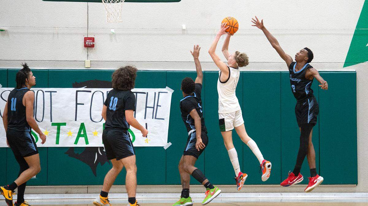 Pitman’s Avery Sanchez scores during a Central California Athletic League game with Downey on Wednesday, Jan. 18, 2023, in Turlock, Calif.
