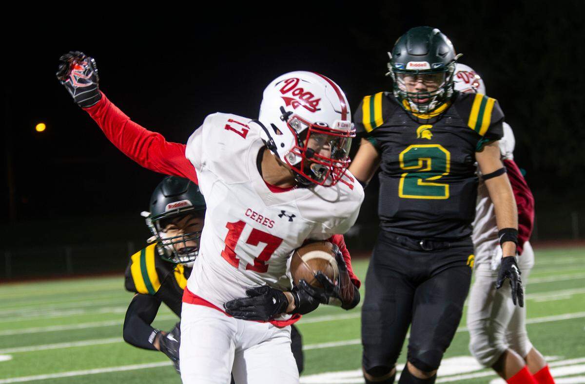 Manuel Mendoza, 17, of Ceres High works his way upfield during the first half of play during a WAC game against Davis High on Friday Oct. 27, 2023.