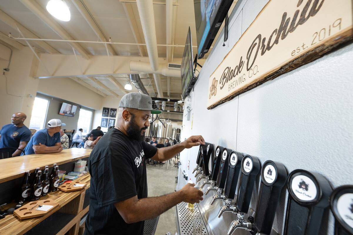 Brewer Joffre Roberts III pours craft beer at Black Orchid Brewing Company during a soft opening in Modesto, Calif., Friday, May 3, 2024.