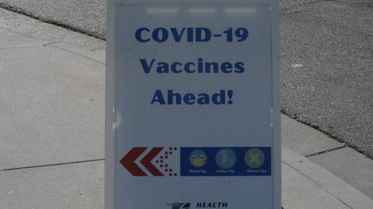 A COVID-19 vaccine sign in Modesto, California on Monday, April 5, 2021. Stanislaus County held a vaccination clinic at the Modesto Gospel Mission.