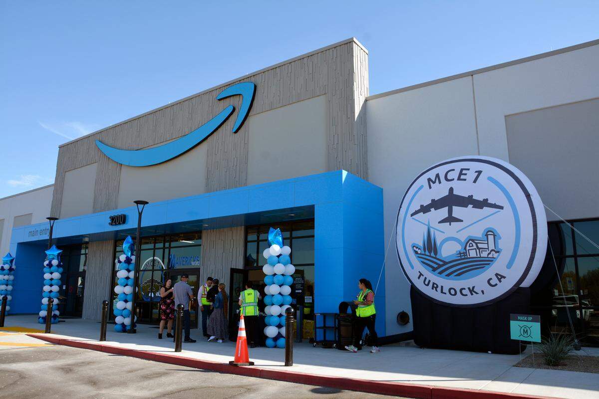 The outside entrance to the new Amazon fulfillment center in Turlock, Calif., on Thursday, Oct. 20, 2022.