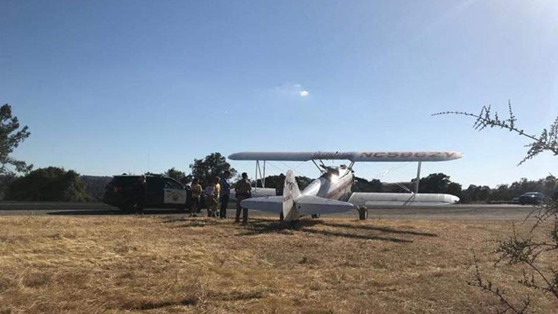 A small airplane made an emergency landing on Highway 49 near Columbia, California, on Sunday, June 17, 2018, the California Highway Patrol reported.