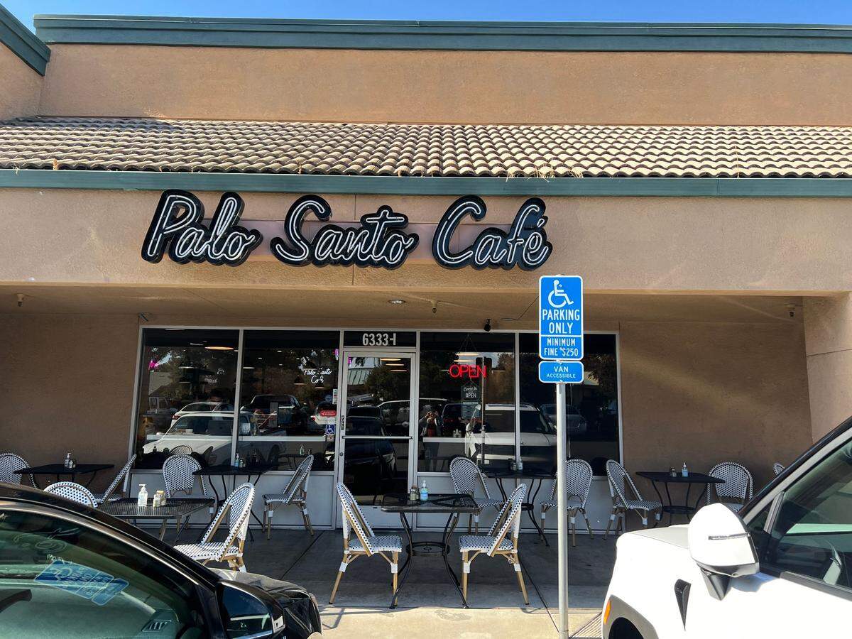 Palo Santo Cafe sits at 6333 Oakdale Road, Suite I, nestled between Taqueria Los Compadres and Grand Asia Chinese restaurant.