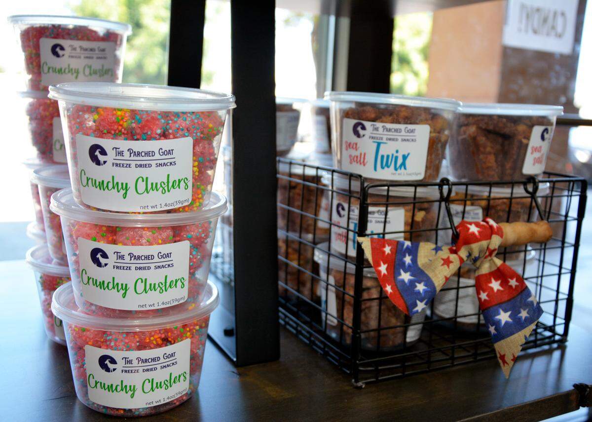 Freeze-dried candies displayed inside the Hughson sweets and snacks shop The Parched Goat July 12, 2023.