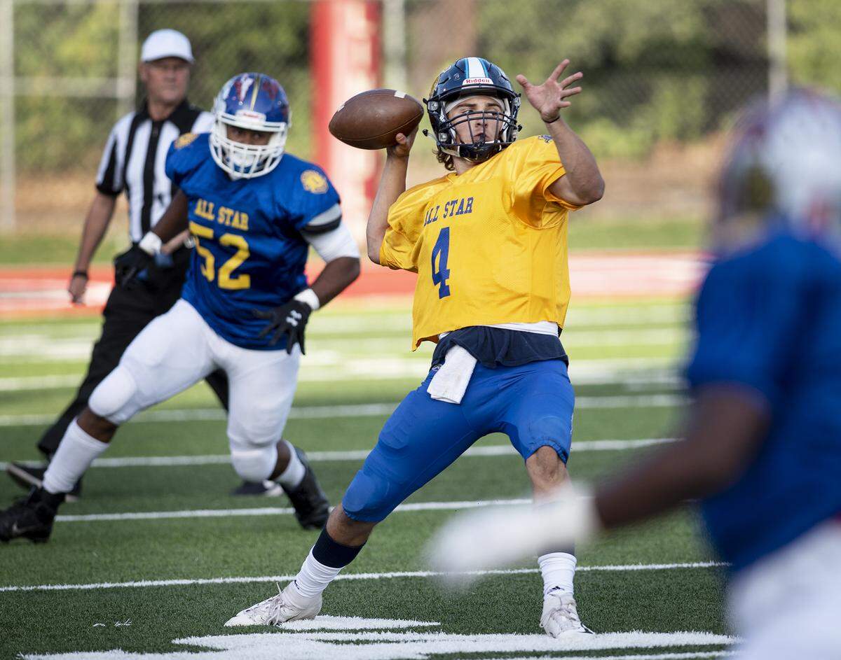 South quarterback Jonah Kosakiewicz (Turlock) makes a pass during the Central California Lions All-Star Football game at Lincoln High School in Stockton, Calif., Saturday, June 15, 2019.