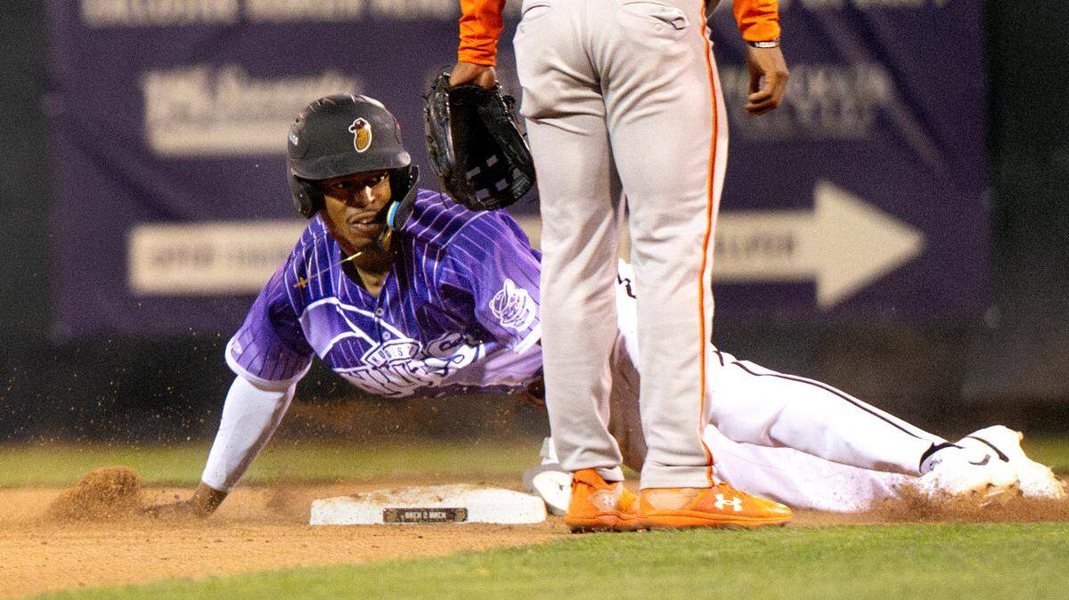 Modesto’s Curtis Washington Jr. steals second without a throw from San Jose catcher at John Thurman Field in Modesto, Friday, April 4, 2025.